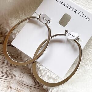 Charter Club Oval Hoop Earrings Polished Silver Tone Oversized Flat New
